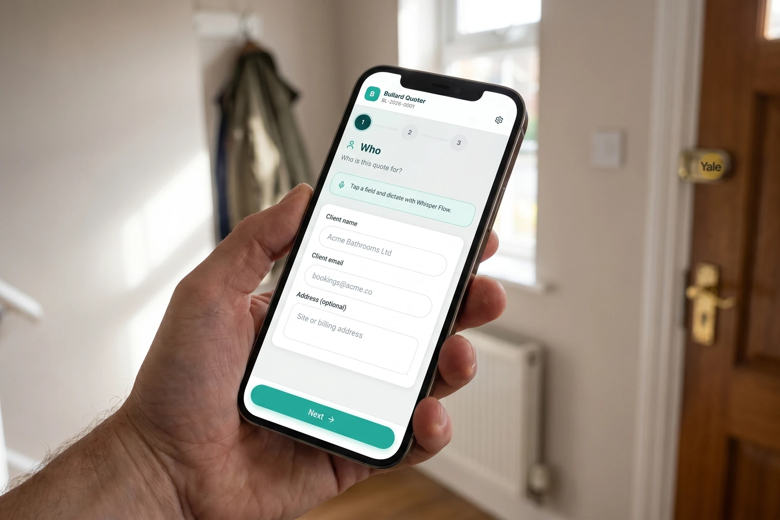 Quoter - tradesperson holding a phone showing the client-branded quoting app at a customer's front door