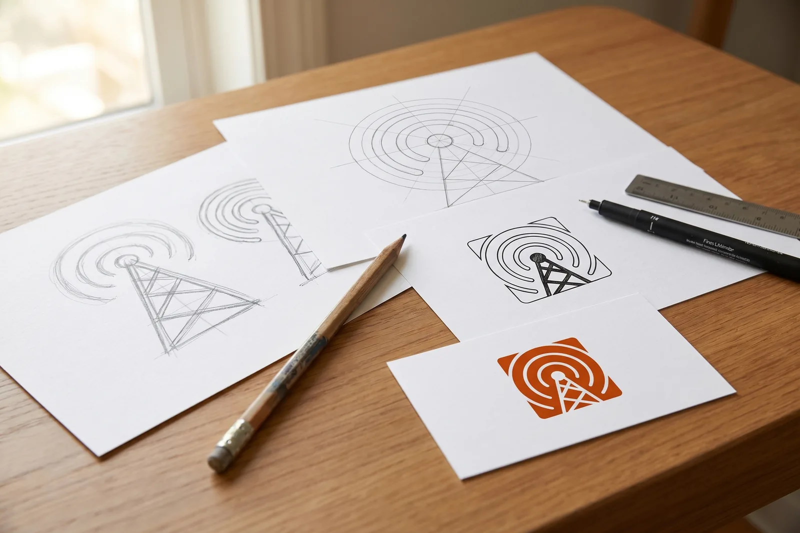 Crouch End Media logo design process - pencil construction sketches through to the final burnt-orange transmitter mark