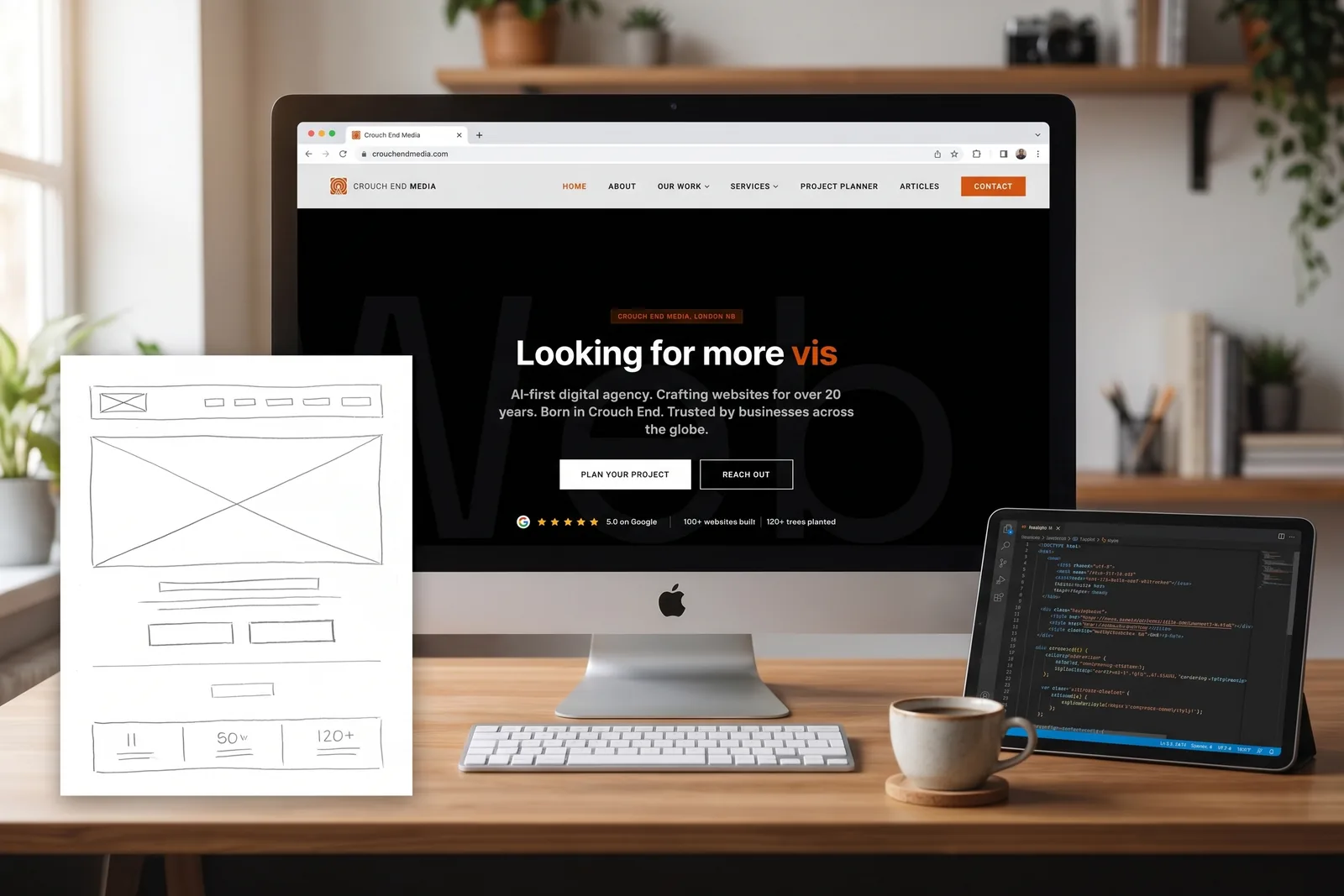 Crouch End Media website being built - wireframe sketch, front-end code and the finished site on an iMac